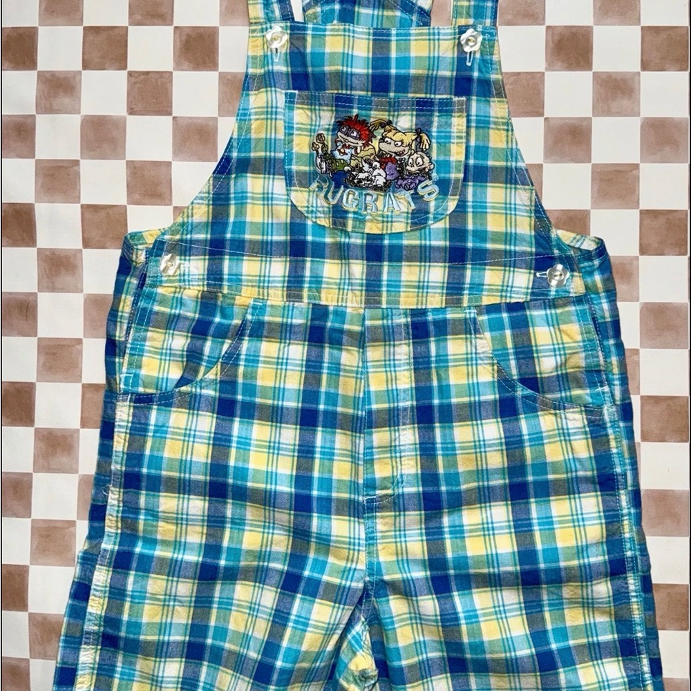 Plaid Kids Overalls with Cartoon Patch